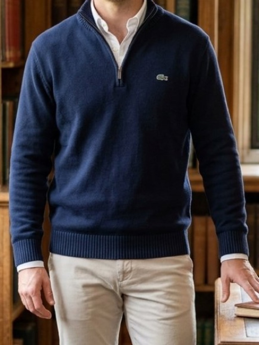 Lacoste Men's Navy Blue Cotton 1/4 Zip Pullover Sweater Size 6 / US XL